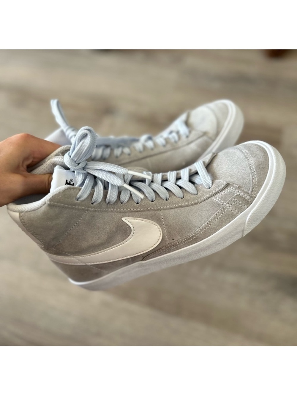 Nike Women’s Light Grey Suede High-Top Sneakers with White Swoosh